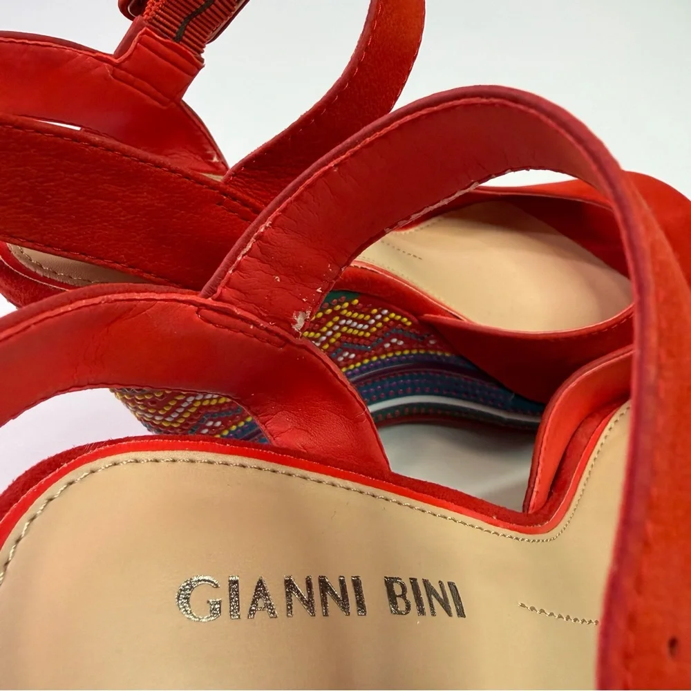 Gianni Bini Red Multicolor Embroidered Wedge Sandals